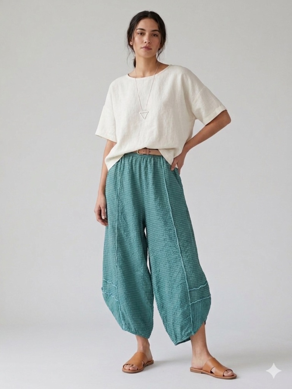 GRIZAS Silk Blend Wide Leg Relaxed Seersucker Pants Teal Turquoise Lagenlook